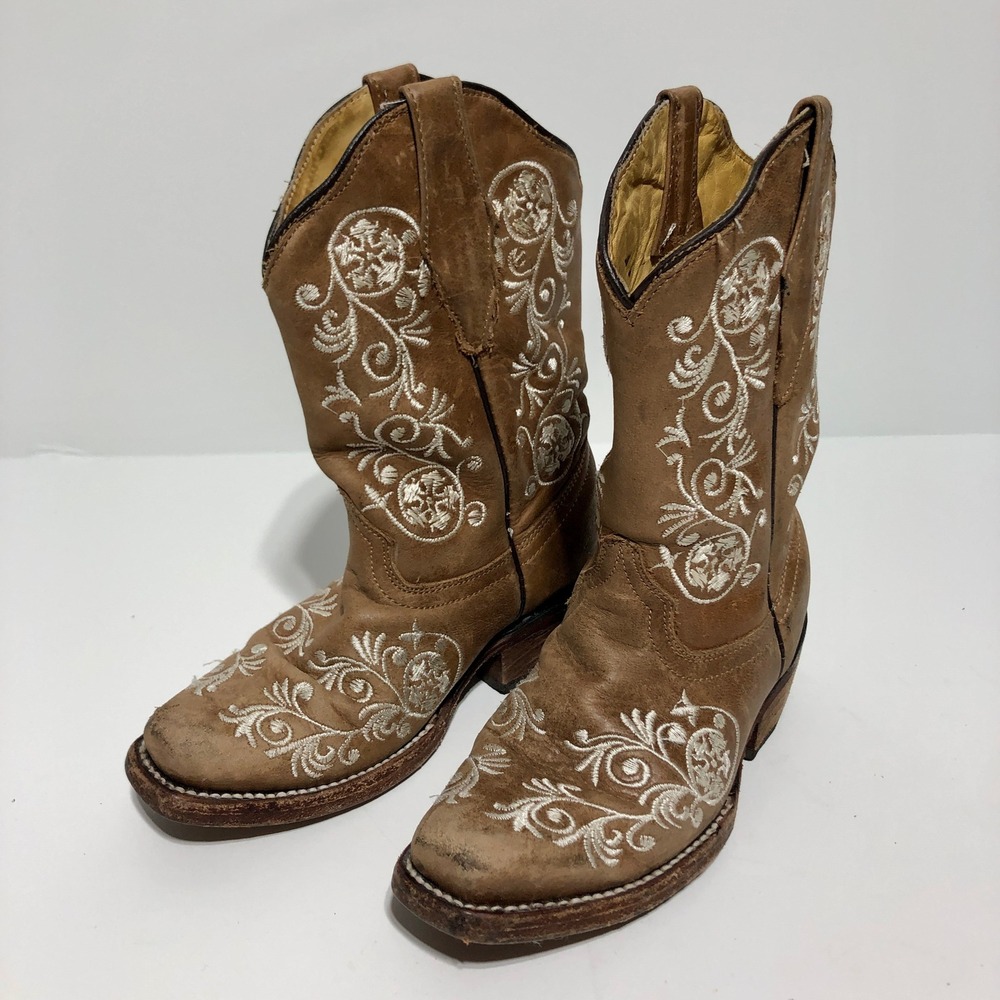 Cruzalta Kids Brown Leather Floral Embroidered Western Cowboy Boots Size 11